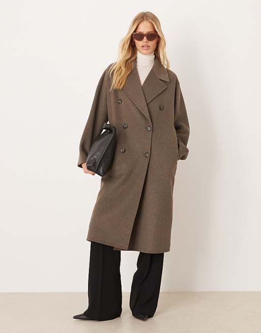 Mango wool mix double breasted midi coat in light brown