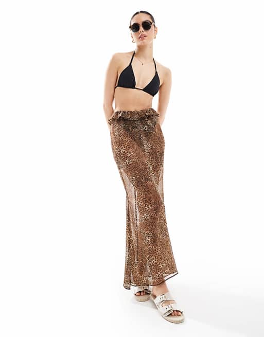 Miss Selfridge beach chiffon maxi skirt in leopard print