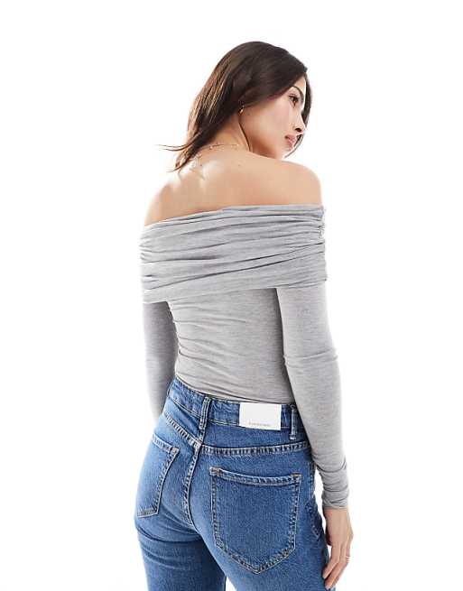 Miss Selfridge Long Sleeve Bardot Bodysuit In Dark Grey Marl