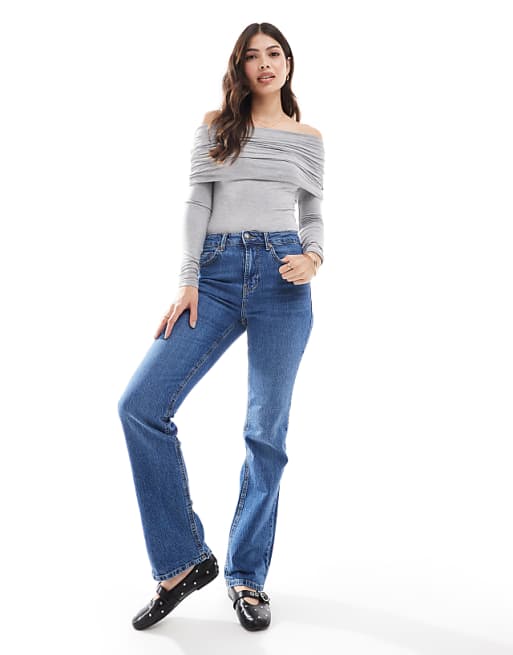 Miss Selfridge Long Sleeve Bardot Bodysuit In Dark Grey Marl