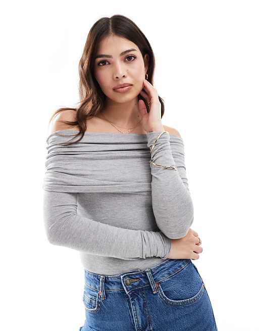 Miss Selfridge long sleeve bardot bodysuit in dark grey marl