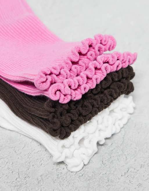 Monki 3 Pack Ankle Socks With Frill Edge In White Pink And Brown