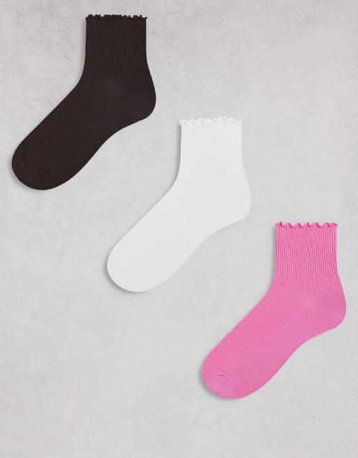 Monki 3 pack ankle socks with frill edge in white pink and brown