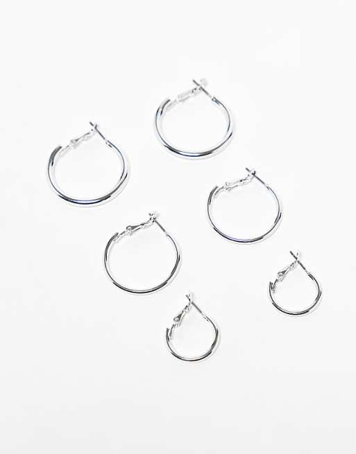 Monki 3 pack hoop earrings in silver