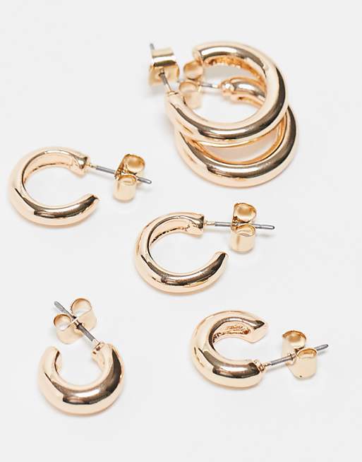 Monki 3 Pack Tube Hoop Earrings In Gold