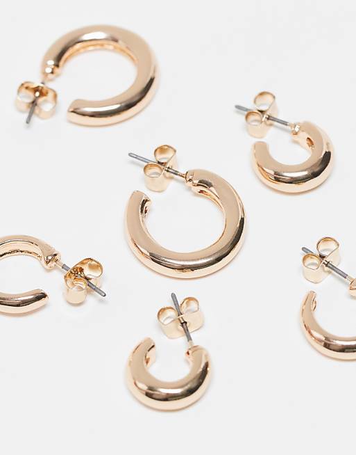 Monki 3 Pack Tube Hoop Earrings In Gold