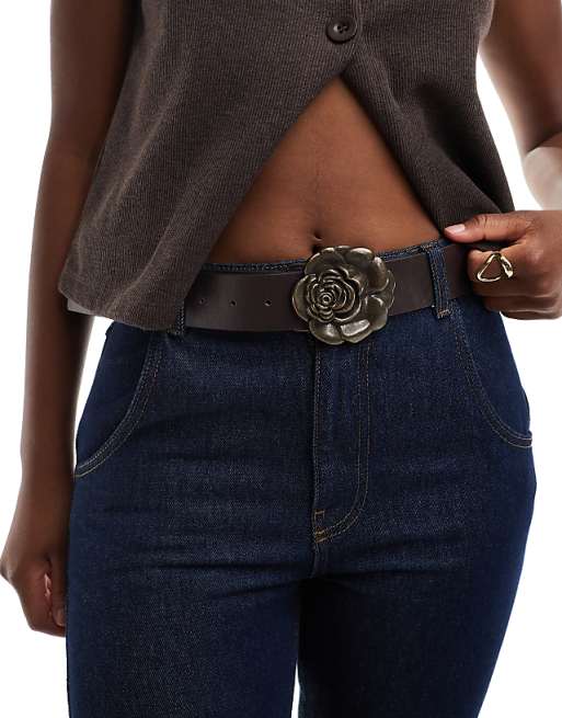 My Accessories chunky rose buckle belt in brown and bronze