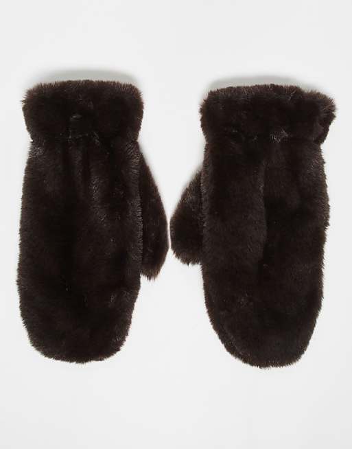 My Accessories faux fur mittens in brown