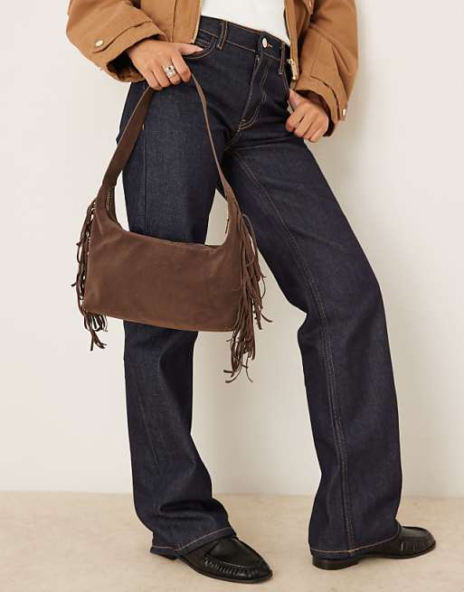 My Accessories Faux Suede Shoulder Bag With Fringing In Brown