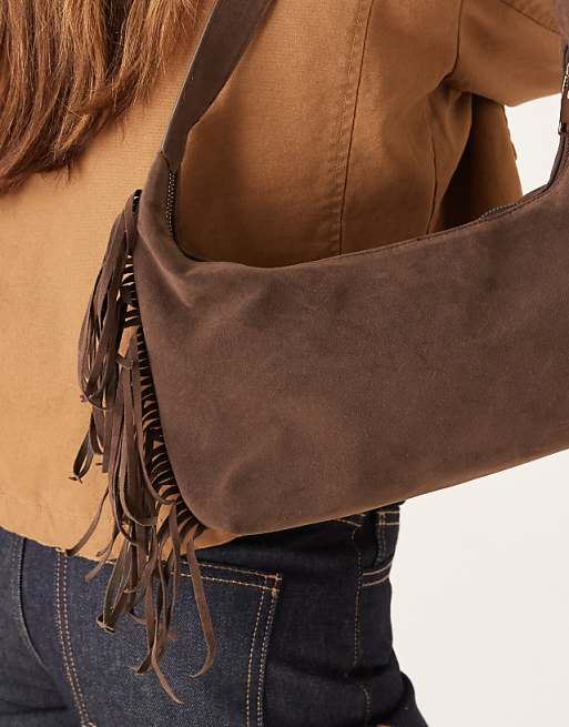My Accessories Faux Suede Shoulder Bag With Fringing In Brown