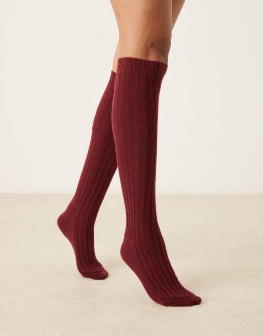 My Accessories Knee Length Ribbed Socks In Burgundy