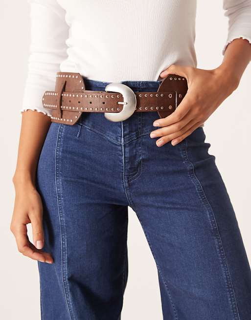 My Accessories wide studded belt in brown