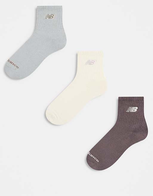 New Balance 3 pack embroidered logo ankle socks in off white and brown