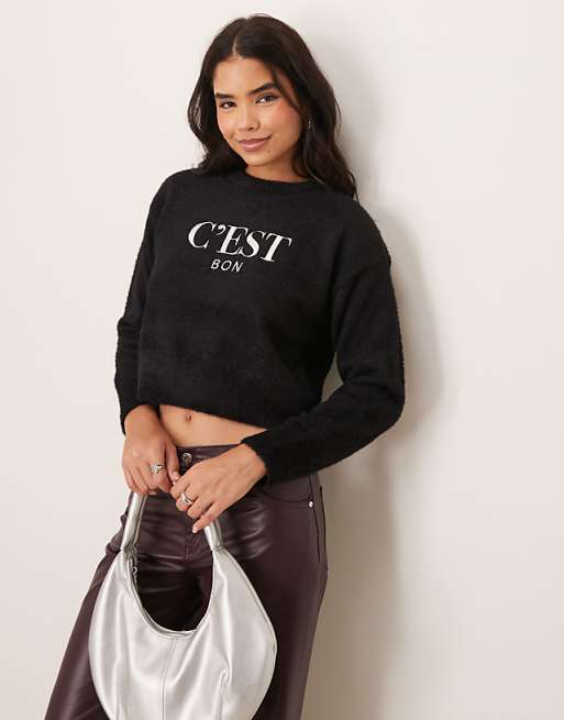 New Look C'est Bon Logo Fluffy Jumper In Black