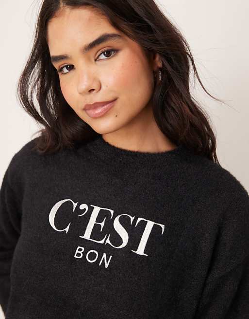 New Look C'est Bon Logo Fluffy Jumper In Black