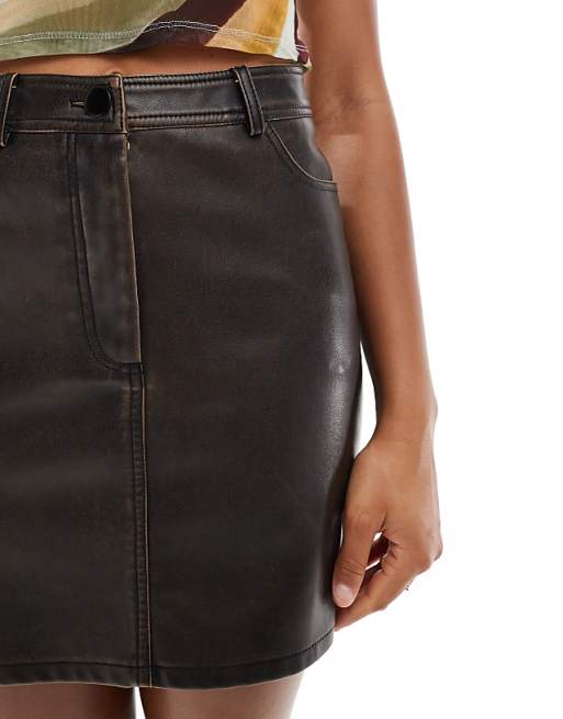 New Look PU Mini Skirt In Washed Brown