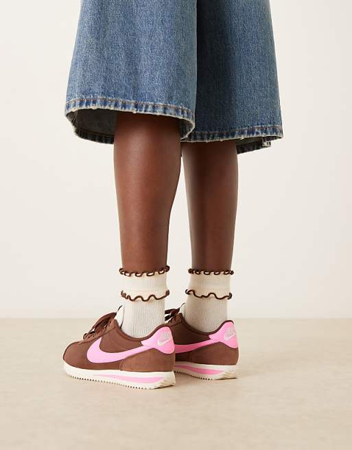 Nike Cortez Nylon Trainers In Brown And Pink