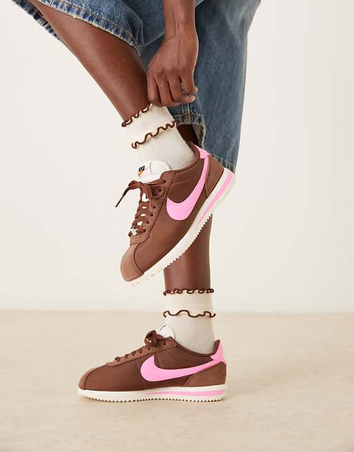 Nike Cortez Nylon Trainers In Brown And Pink