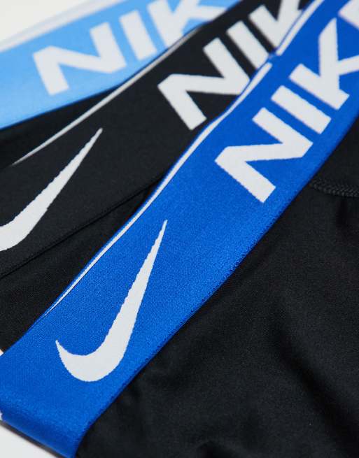 Nike Dri-Fit Essential Microfibre 3 Pack Boxer Briefs In Black With Blue Waistbands