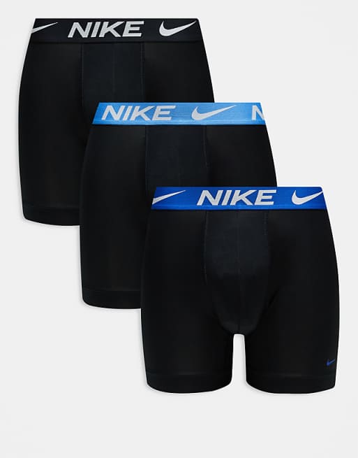 Nike Dri-Fit Essential Microfibre 3 pack boxer briefs in black with blue waistbands