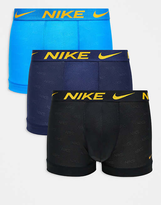 Nike Elite Breathe 3 pack trunk in black / navy / blue with yellow detail waistband