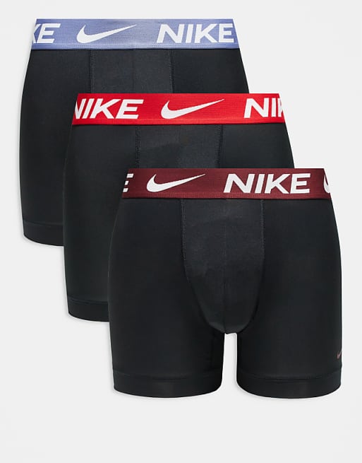Nike Essential Microfibre 3 pack boxer brief in black with coloured waistband in lilac / red / brown