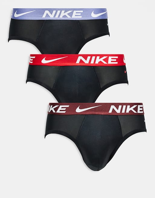 Nike Essential Microfibre 3 pack hip brief in black with coloured waistband in brown / red / lilac