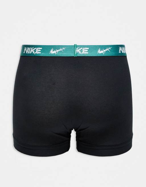 Nike Everyday Cotton Stretch 3 Pack Trunk In Black With Coloured Waistband In Blue / Green
