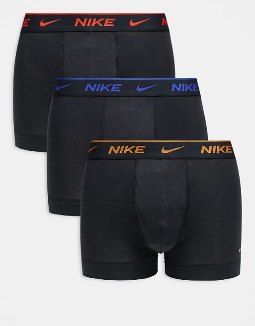 Nike Everyday Cotton Stretch 3 pack trunk in black with coloured waistband in blue / yellow / red detail