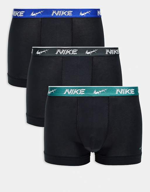 Nike Everyday Cotton Stretch 3 pack trunk in black with coloured waistband in blue / green