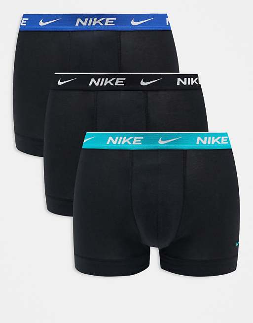 Nike Everyday Cotton Stretch 3 pack trunk with coloured waistband in pastel blue/black/blue