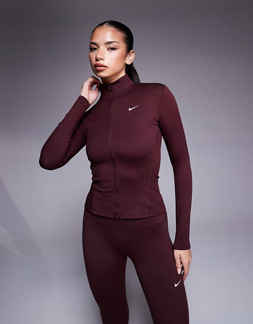Nike One Training full zip fitted longsleeve top in burgundy