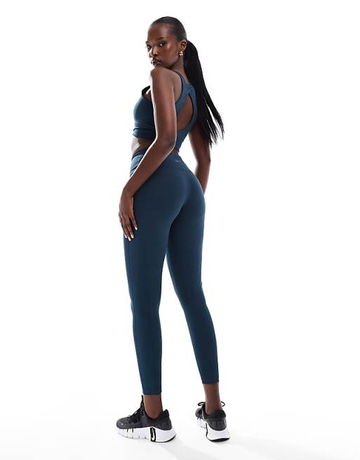Nike One Training Wrapped Ribbed Vest Shorts Leggings And Sports Bra In Navy