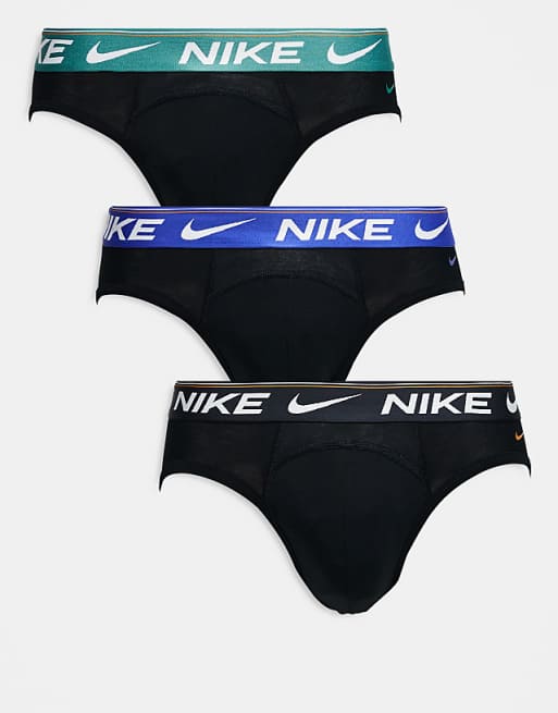 Nike Ultra Comfort 3 pack hip brief in black with coloured waistband in black /blue / green