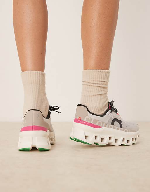 ON Cloudmonster Running Trainers In Silver Ivory And Pink