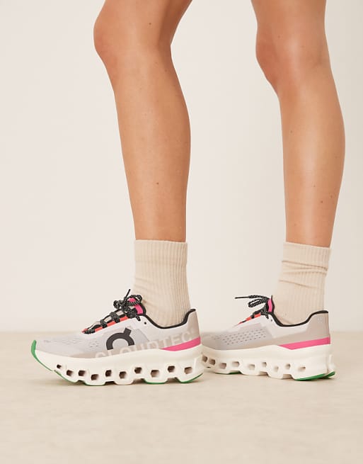ON Cloudmonster Running Trainers In Silver Ivory And Pink