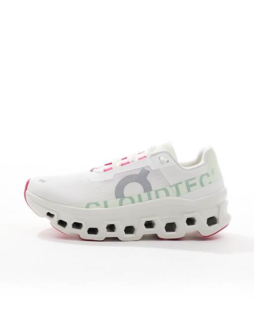 ON Cloudmonster Running Trainers In White And Lime Green