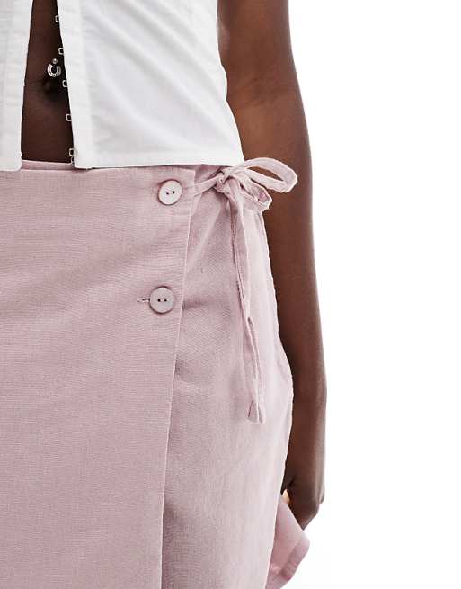 ONLY Linen Mix Asymmetric Mini Skirt In Pink