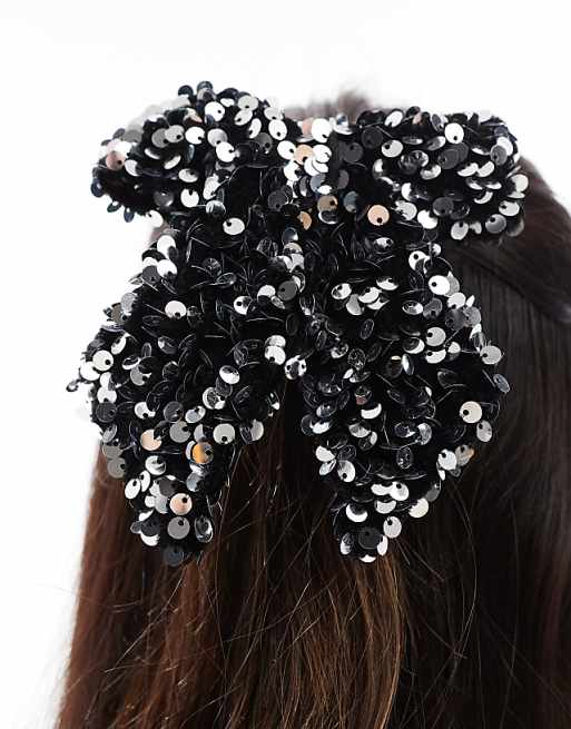 ONLY Sequin Bow Hair Tie In Black