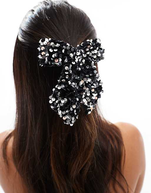 ONLY Sequin Bow Hair Tie In Black