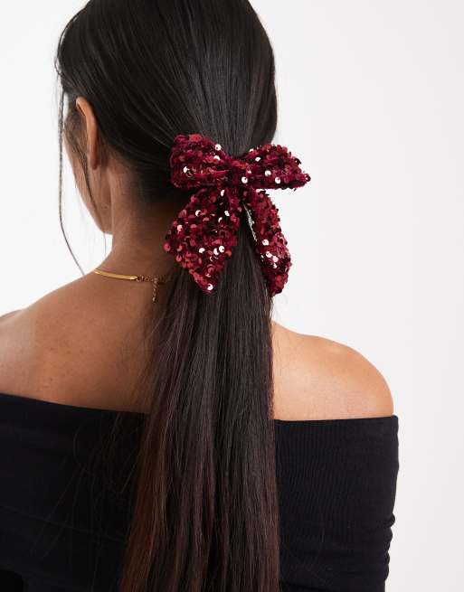 ONLY Sequin Bow Hair Tie In Burgundy