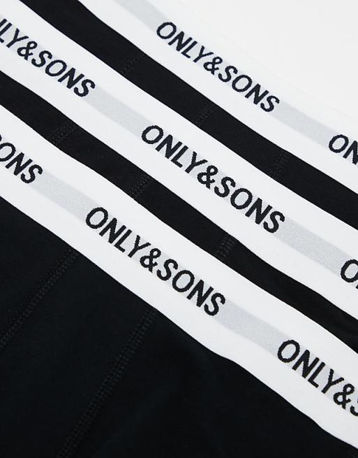 ONLY & SONS 3 Pack Trunks In Black With White Logo Waistband