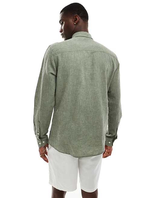 ONLY & SONS Linen Mix Long Sleeve Shirt In Sage