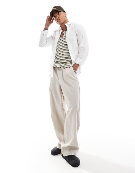 ONLY & SONS Linen Mix Long Sleeve Slim Fit Shirt In White