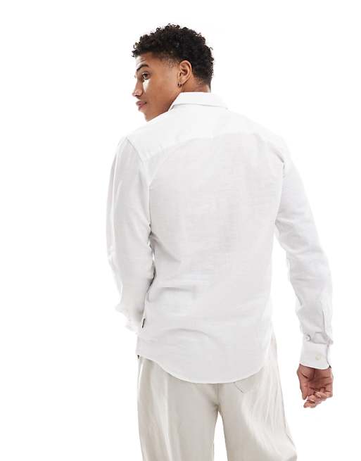 ONLY & SONS Linen Mix Long Sleeve Slim Fit Shirt In White