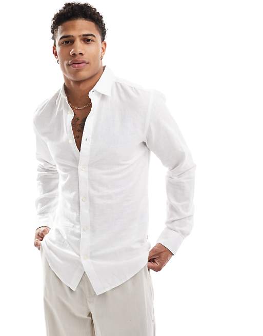 ONLY & SONS linen mix long sleeve slim fit shirt in white