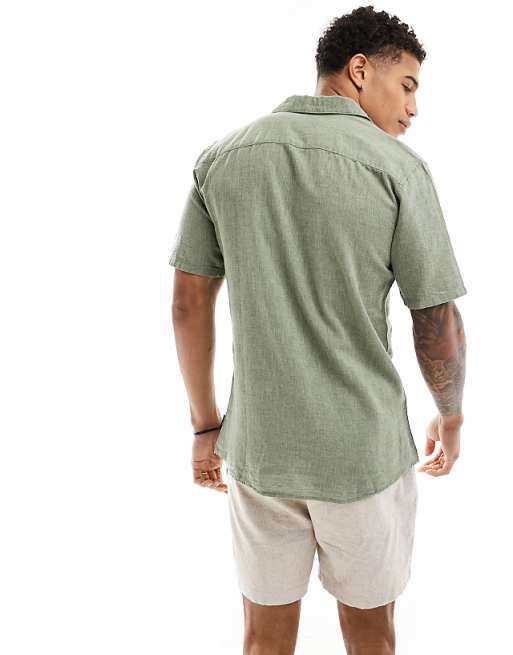 ONLY & SONS Linen Mix Revere Collar Shirt In Sage Green