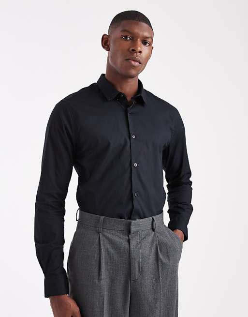 ONLY & SONS slim fit stretch poplin shirt in Black