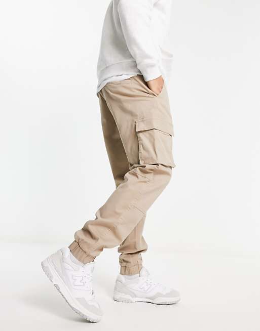 ONLY & SONS tapered fit cuffed cargo trousers in stone