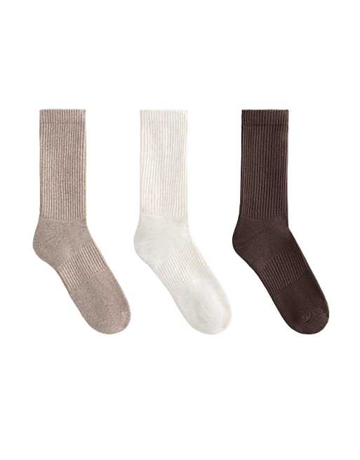 OYSHO 3 pairs of cotton blend classic sports socks in tan melange